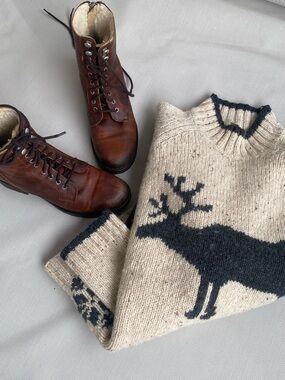 Eddie Bauer Wool Deer Sweater L Chunky Nordic Cabin
